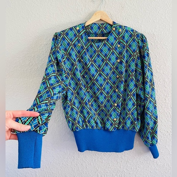 Vintage plaid gold button long sleeve blouse - Picture 1 of 13